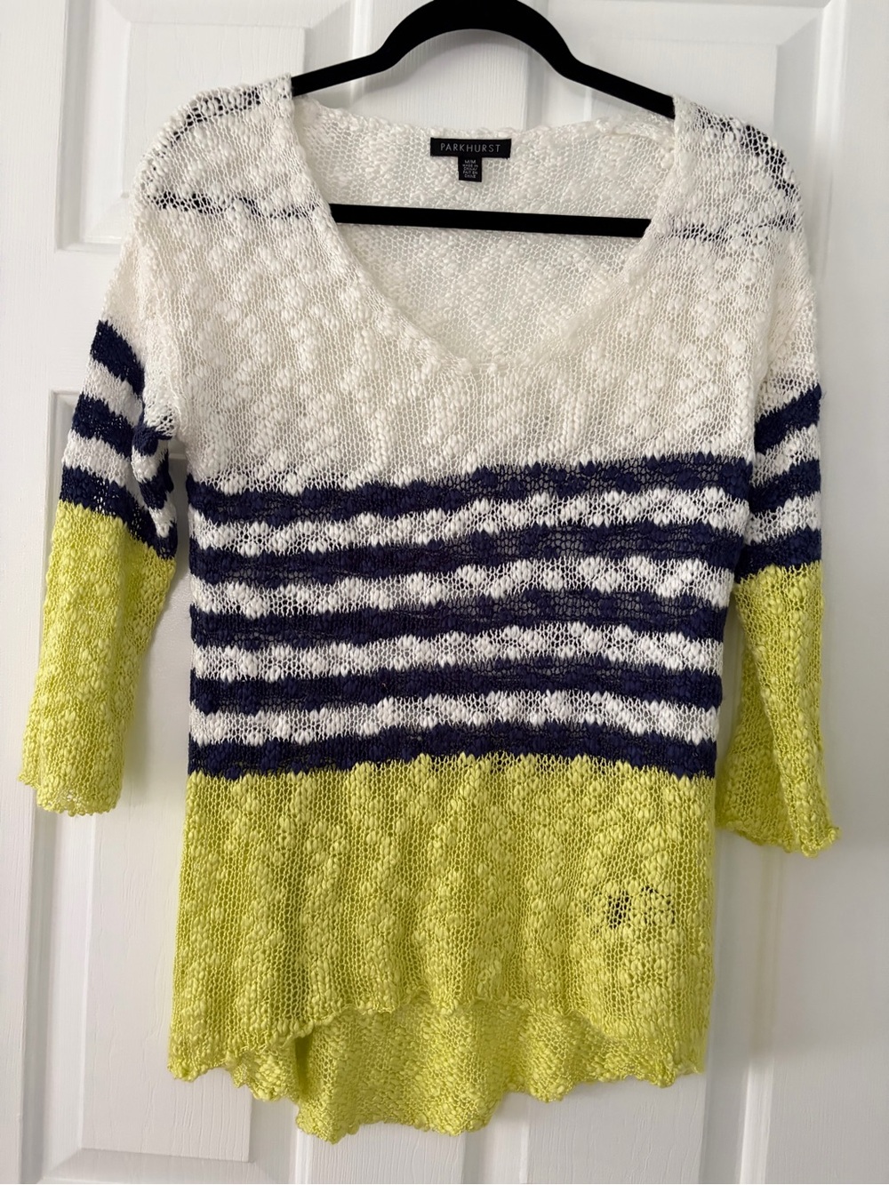 Parkhurst Striped V-Neck Knit Sweater in White, Navy & Lime